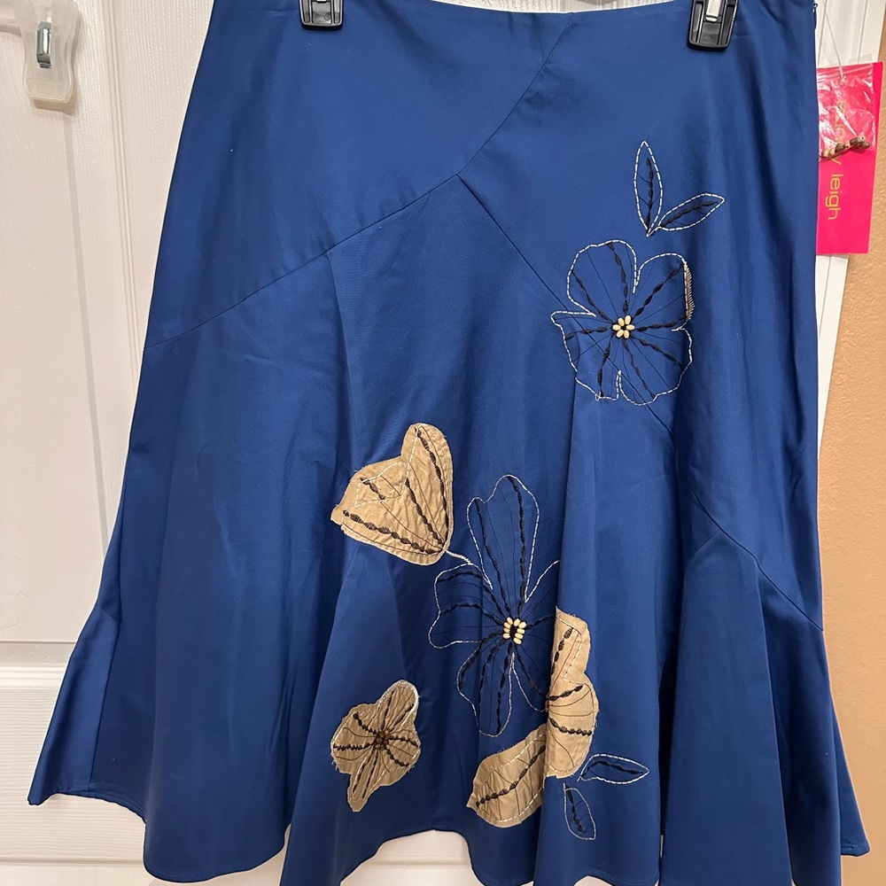 Sunny Leigh Cobalt Blue and Tan Asymmetrical Midi Skirt
